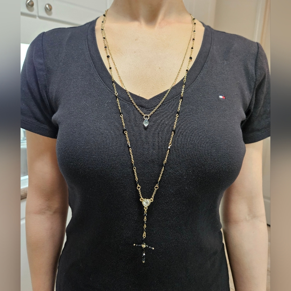 Swarovski Rosary Style Necklace – Black Crystal Cross